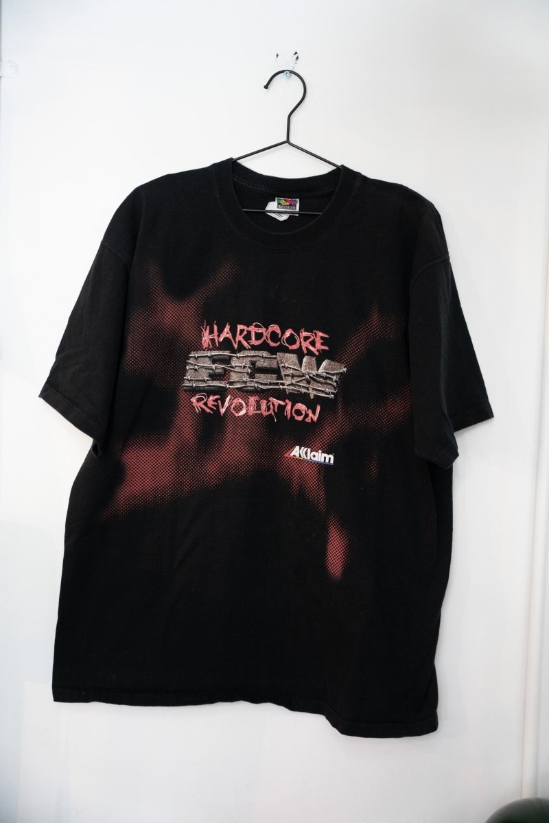 ECW Hardcore Revolution video game promotional t-shirt size XL, front view showing black cotton tee with printed graphics from early 2000s wrestling merchandise