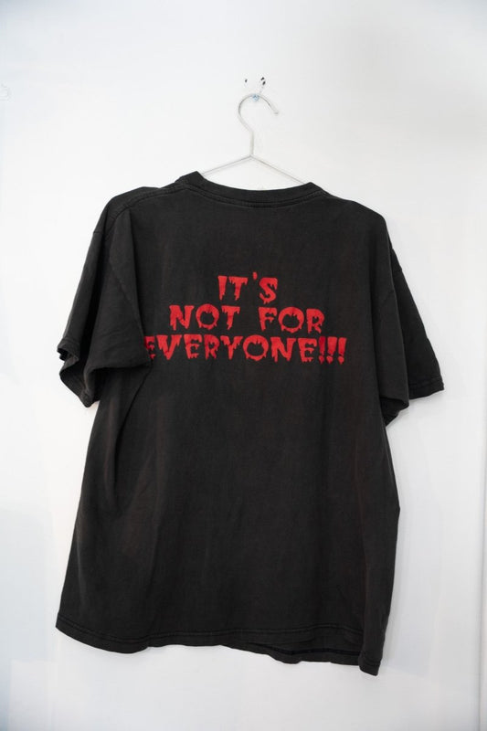 ECW Hardcore Wrestling "It's Not For Everyone" t-shirt, size large, featuring black cotton with bold graphic text design from 1990s wrestling merchandise