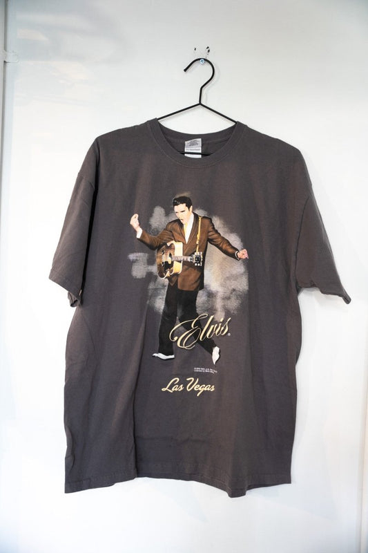 Charcoal vintage Elvis Presley Las Vegas tee with photographic print of young Elvis with guitar and gold Elvis and Las Vegas script
