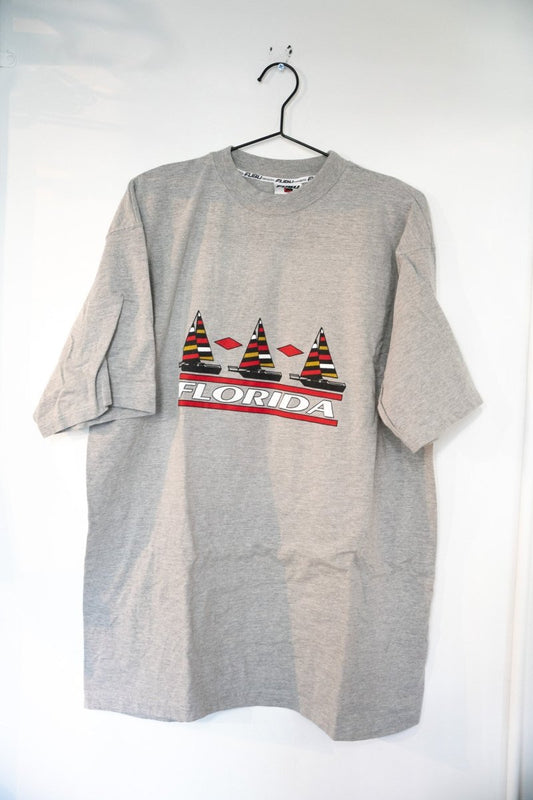 Heather gray vintage FUBU Florida shirt with three striped sailboats above red bar and white outlined FLORIDA block lettering