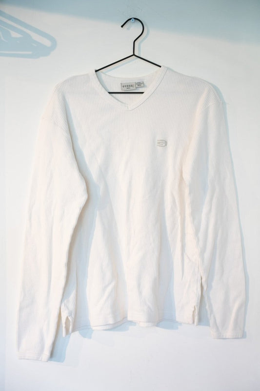 White vintage Guess Thermo V-neck long sleeve thermal ribbed knit shirt with tonal logo patch Guess Jeans label size XXL