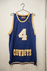 McNeese State Cowboys basketball jersey blue gold white number 4 COWBOYS Western lettering Hardwood Legends Joe Dumars XL