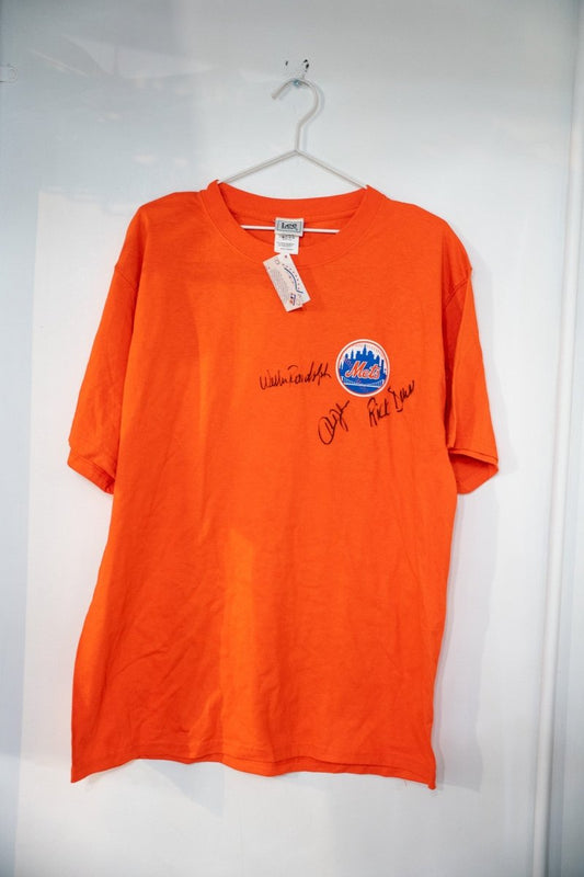 Orange vintage Lee Sport New York Mets t-shirt with embroidered Mets logo multiple autograph signatures original retail hangtag attached size Large