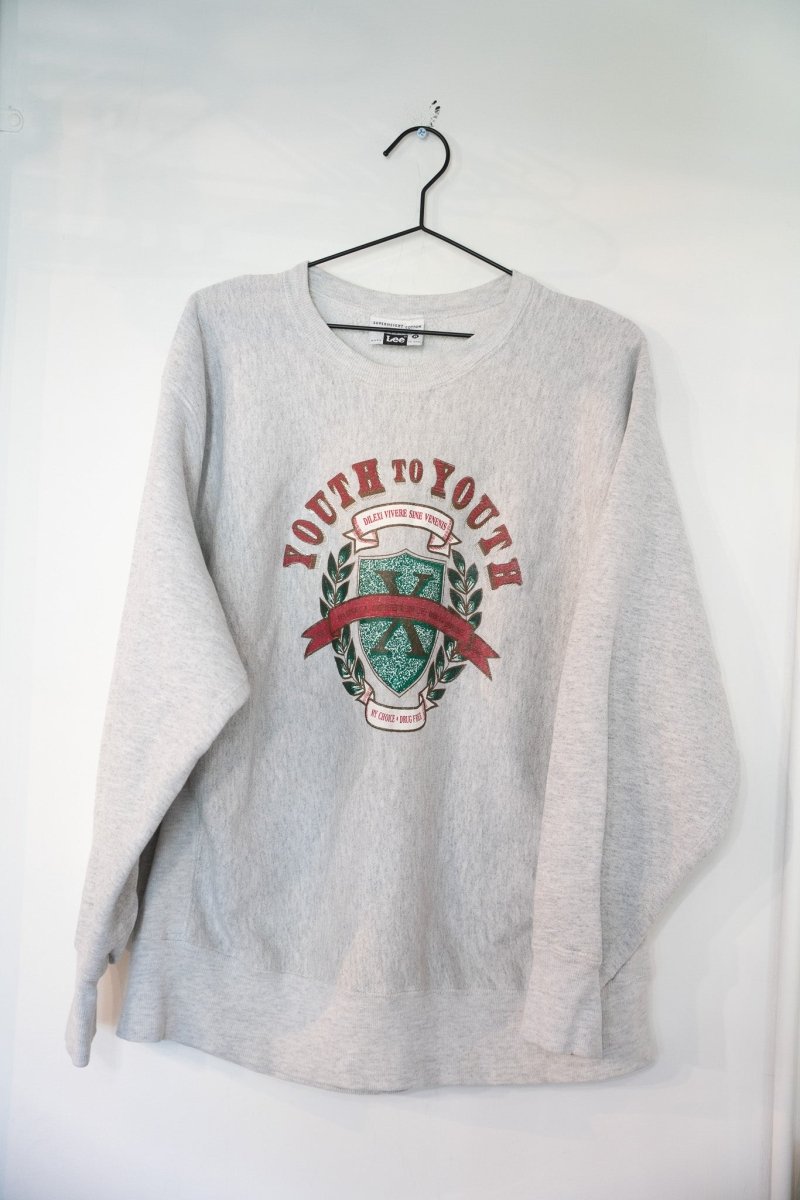 Heather gray vintage Lee Sport Youth to Youth crewneck sweatshirt with maroon lettering green heraldic shield crest laurel wreath and My Choice Drug Free text size XL