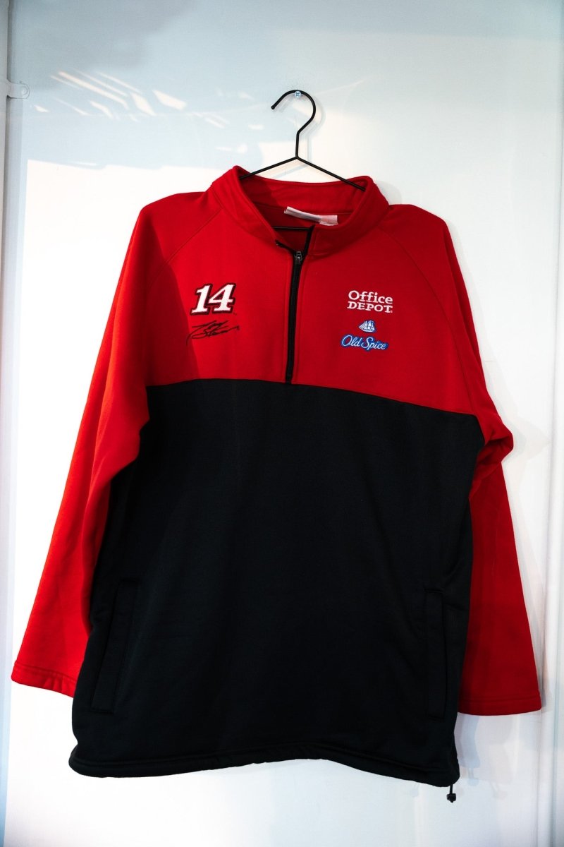 Red and black vintage NASCAR Winners Circle Tony Stewart 14 fleece pullover Office Depot Old Spice logos signature quarter zip size Large