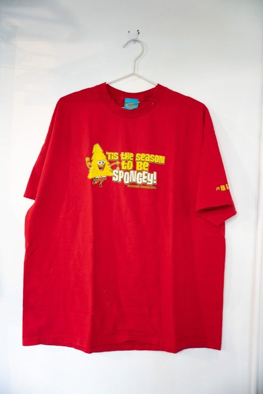 Red vintage Nickelodeon SpongeBob Tis The Season To Be Spongey Christmas shirt with SpongeBob shaped like a tree and gold holiday lettering