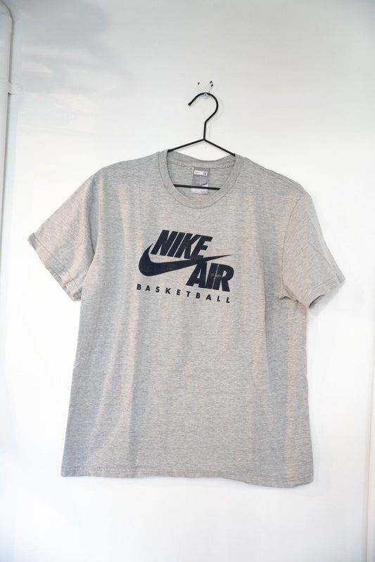 Heather gray vintage Nike Air Basketball shirt with black Nike Air logo and Swoosh and BASKETBALL text centered on chest