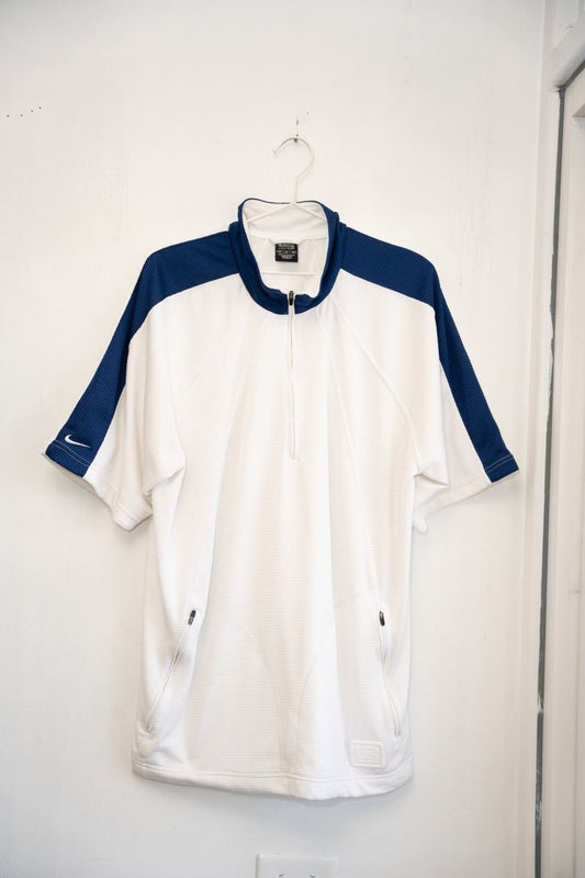 White and navy vintage Nike LeBron James warm-up shooting shirt half-zip waffle-knit navy shoulder panels Nike Swoosh LJ crown logo