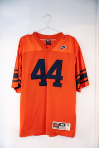 Orange vintage Nike Syracuse Ernie Davis 44 football jersey navy blue numbers striped sleeve cuffs mesh body Nike Swoosh SU patch size Medium