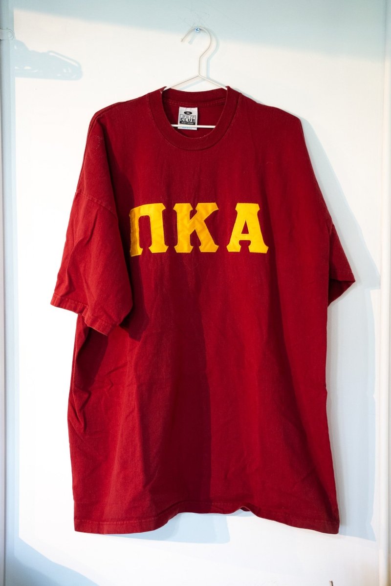 Crimson maroon vintage Pi Kappa Alpha ΠΚΑ fraternity tee with gold yellow sewn-on Greek letter appliqué Pro Club tag size 4XL