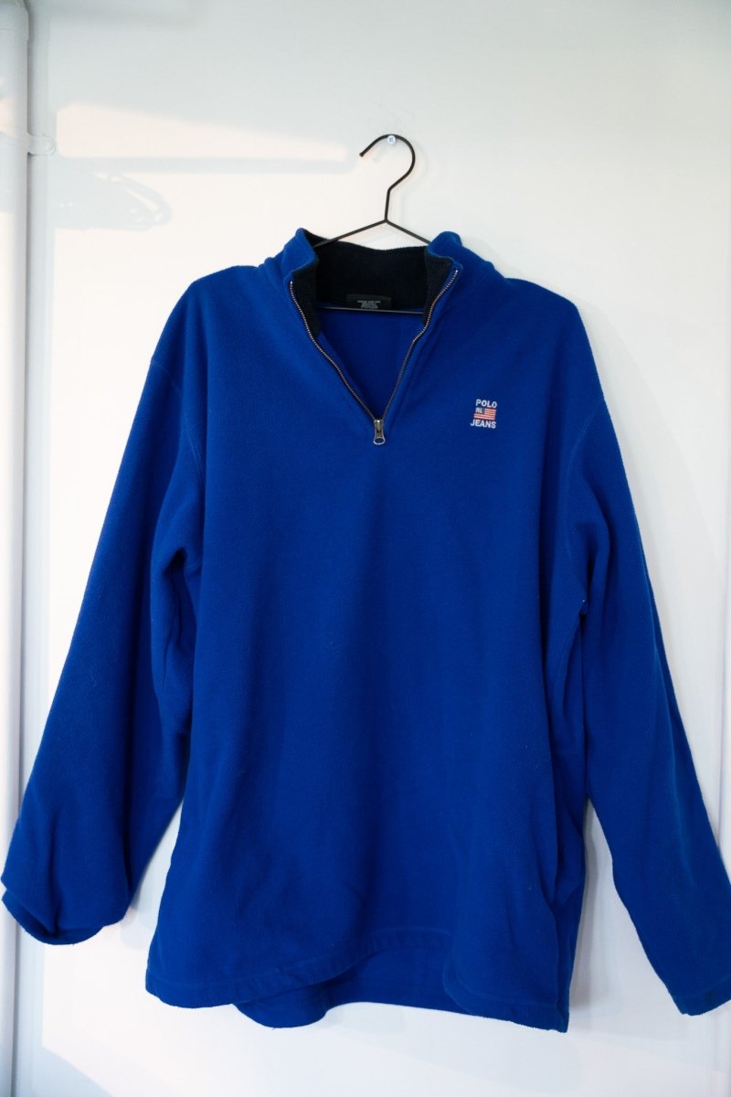 Royal blue vintage Polo Ralph Lauren Jeans quarter-zip fleece pullover with American flag logo black collar lining silver zipper size XL