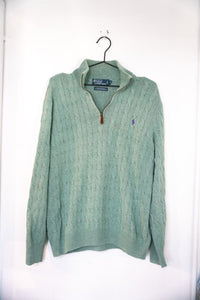 Sage green vintage Polo Ralph Lauren cable-knit quarter-zip sweater with purple embroidered pony logo and brown leather zipper pull
