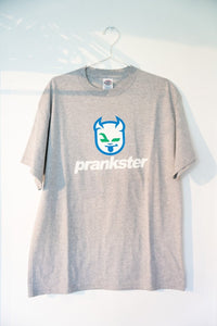 Heather gray vintage Prankster tee with blue circular devil face mascot logo white prankster lowercase text size Large