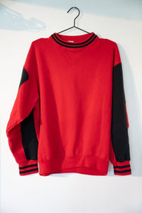 Red vintage Pro Spirit crewneck sweatshirt with black color-blocked sleeve panels black red striped ribbed collar cuffs V-stitch neckline size XL