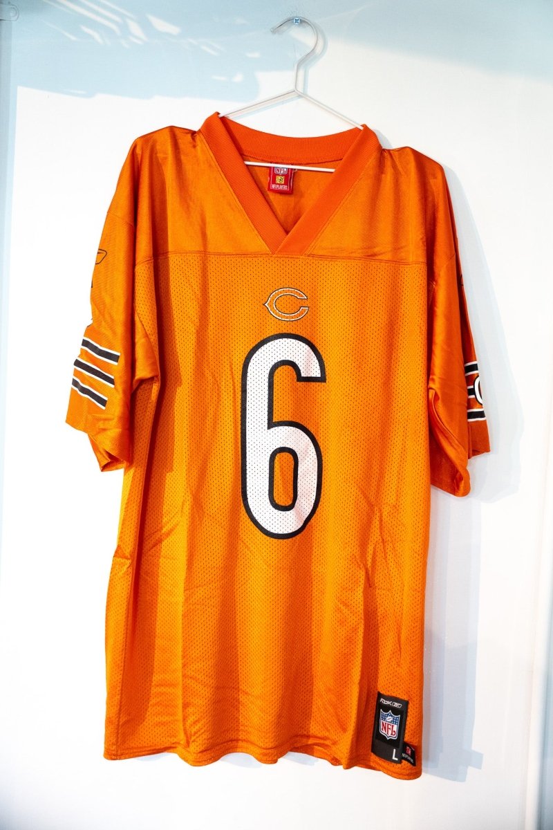 Orange vintage Reebok Chicago Bears Jay Cutler number 6 alternate football jersey with Bears C logo navy stripes NFL shield size Large