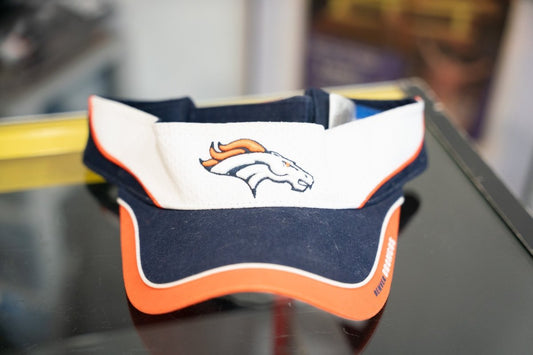 Vintage Reebok Denver Broncos white and navy visor with embroidered horse head logo and orange piping trim