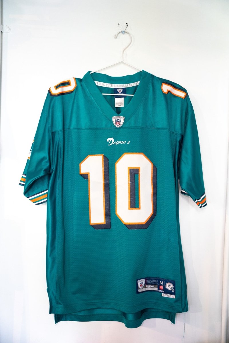 Reebok Miami Dolphins number 10 football jersey in medium, teal and orange team colors with white striping on sleeves