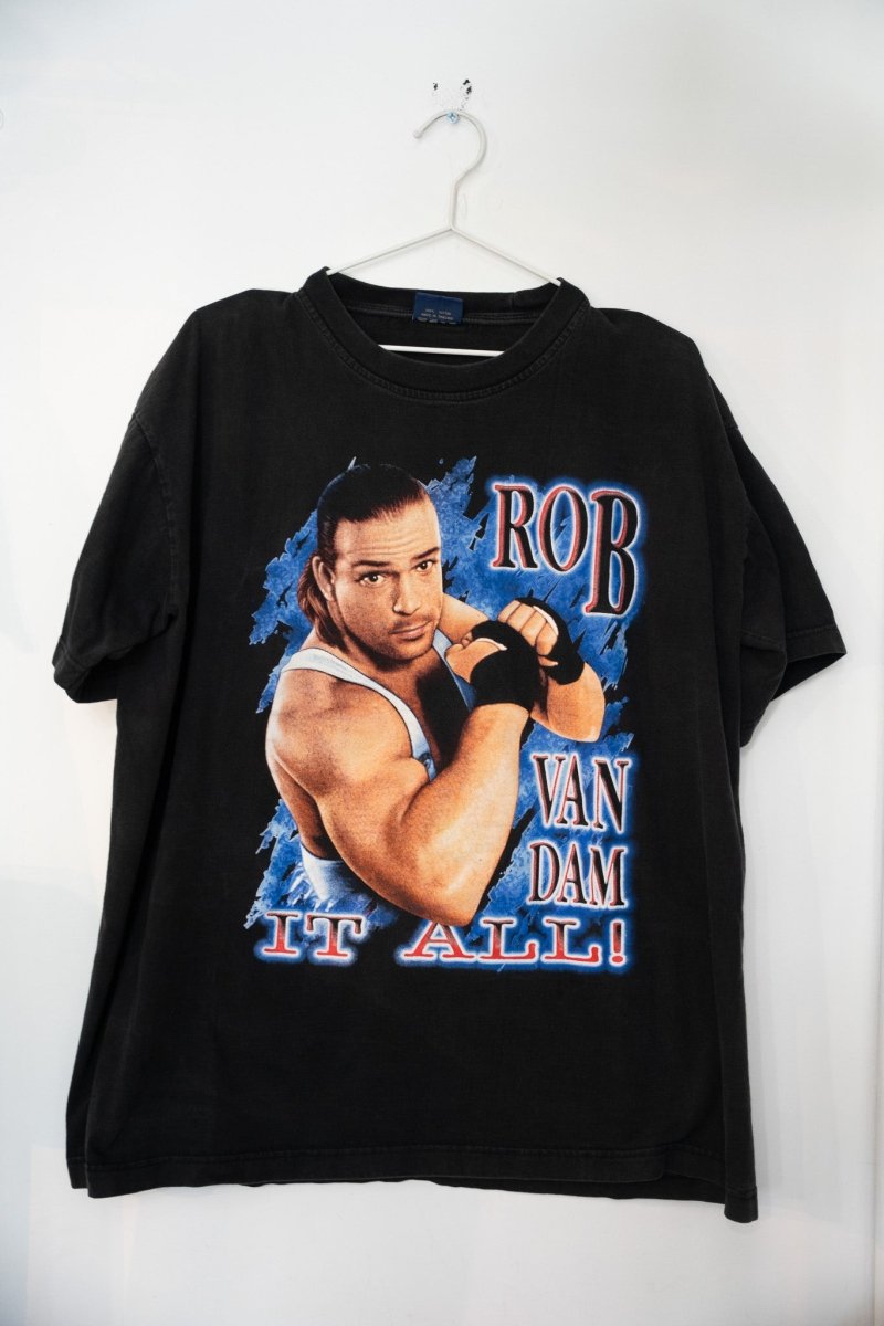 ECW Rob Van Dam wrestling t-shirt, size large, featuring bold graphic print on dark fabric, vintage professional wrestling merchandise