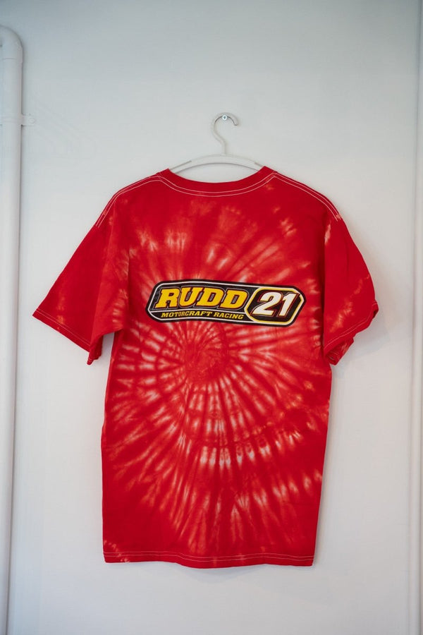 Red vintage tie-dye Ricky Rudd 21 Motorcraft Racing tee back view yellow black RUDD 21 text white contrast stitching NASCAR