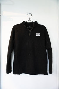 Black vintage Save Lands sherpa fleece quarter-zip pullover with brass zipper stand-up collar Save Lands tree patch plush texture size Medium