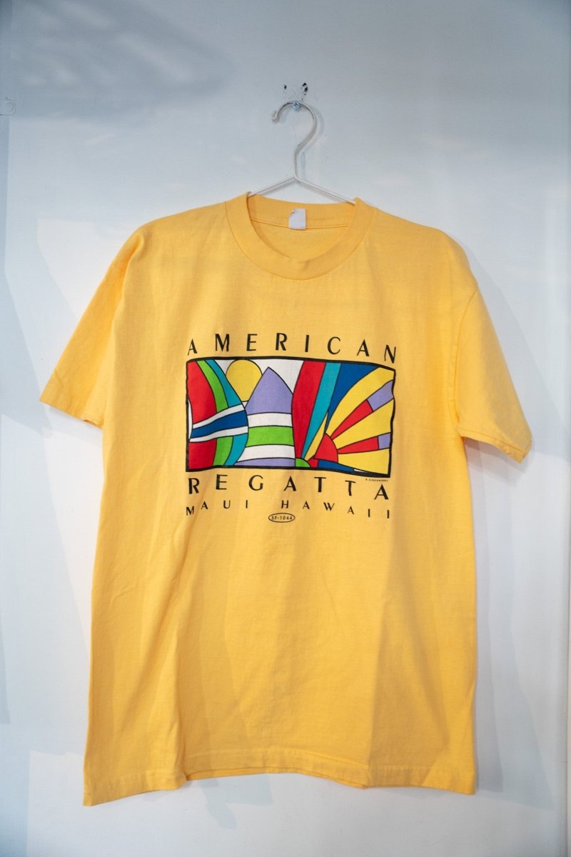 Screenworks American Regatta Maui Hawaii shirt in large size, featuring tropical print design with sailing and island motifs in blue and earth tones