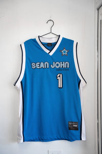 Blue vintage Sean John Collection basketball jersey mesh body SEAN JOHN blue outlined text number 1 star logo navy white V-neck trim