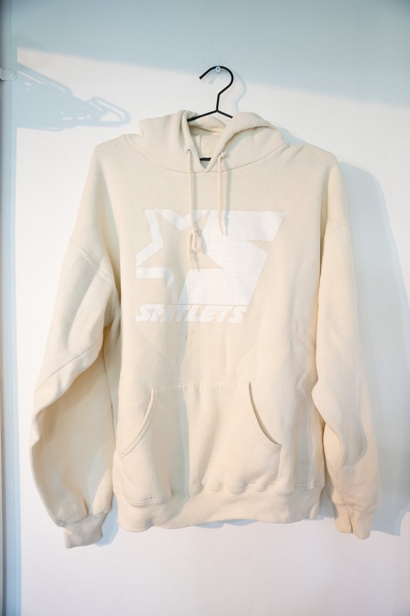 Cream off-white Shitlets pullover hoodie with tonal white S logo graphic SHITLETS text drawstring hood kangaroo pocket heavyweight size XL