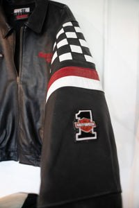 Harley-Davidson Snap On racing leather jacket in XXL, black with silver snap closures and branded patches visible on sleeves and chest