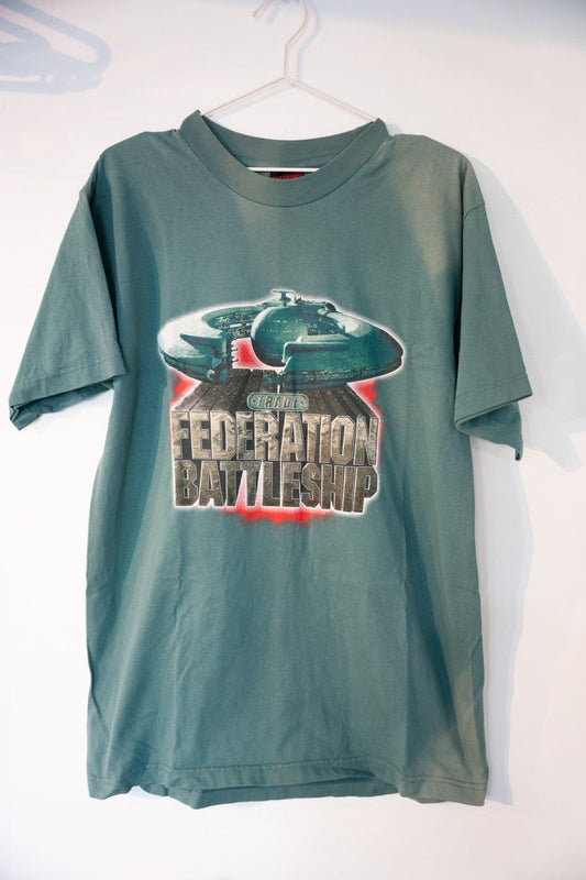 Sage faded green vintage Star Wars Episode I Trade Federation Battleship promo tee with detailed ship graphic metallic 3D text red glow size Large
