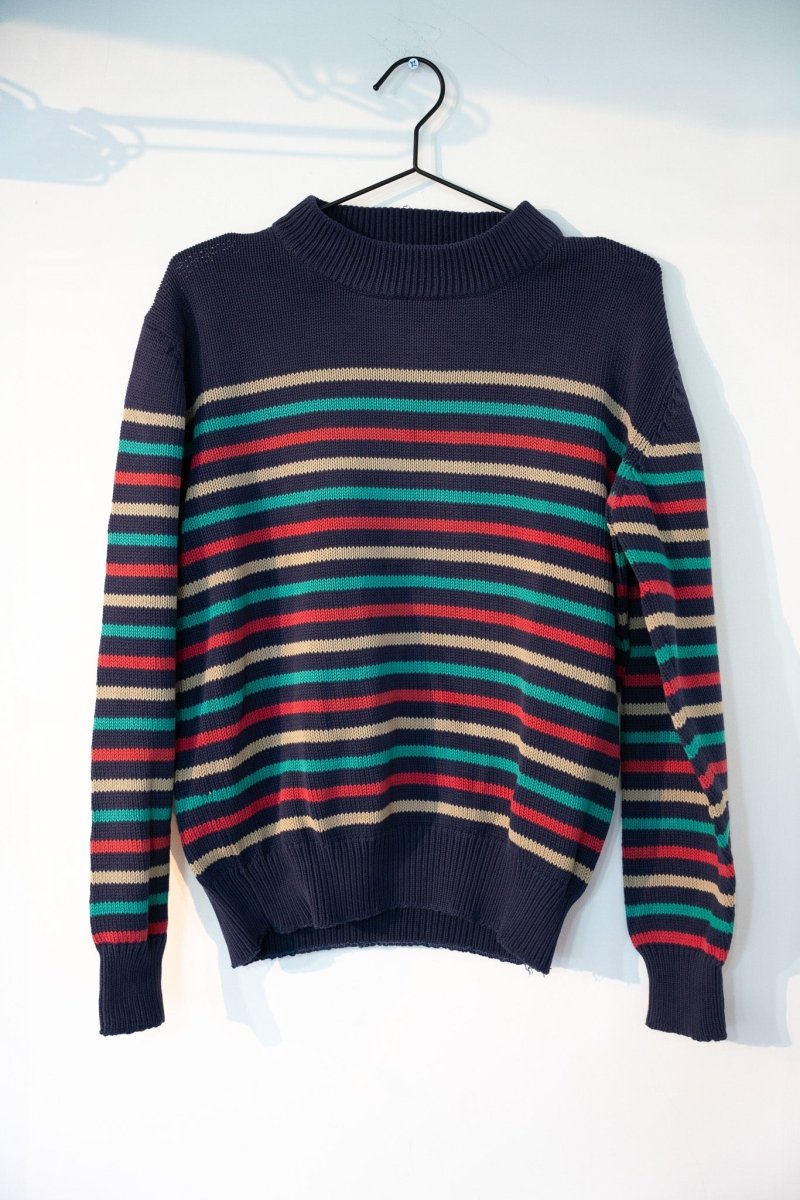Navy blue vintage Thane crewneck sweater with teal red tan horizontal stripes ribbed collar cuffs waistband size Large