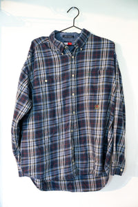 Navy blue plaid vintage Tommy Hilfiger long sleeve flannel button-down shirt red white accent lines flag logo chest pocket size XL