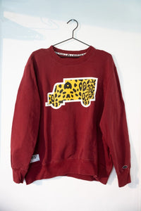 Burgundy maroon vintage Trukfit crewneck sweatshirt with yellow black leopard print truck logo goggle emblem leopard neck tape size XXL