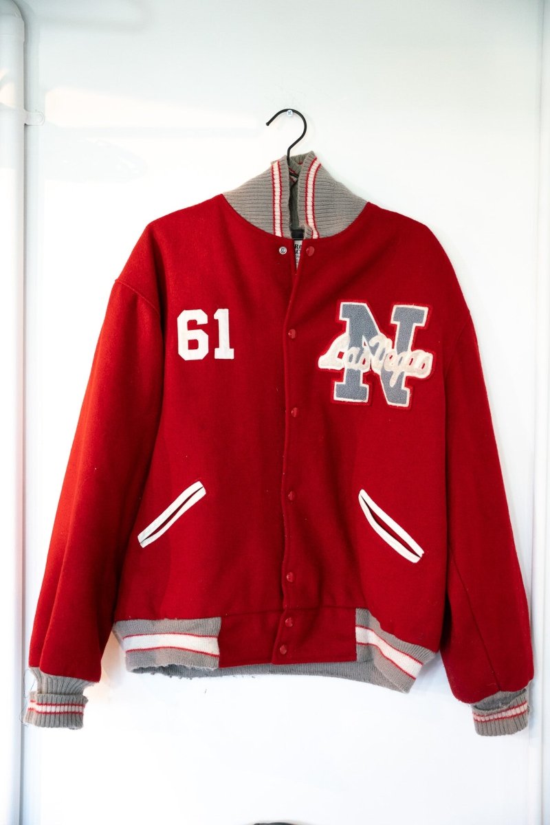 Red vintage Las Vegas wool letterman jacket with gray white N chenille letter Las Vegas script 61 number gray striped ribbed trim snap front size XL