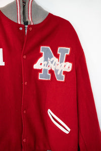 UNLV wool letterman jacket in burgundy and gold, size XL, featuring embroidered letters and striped knit collar and cuffs