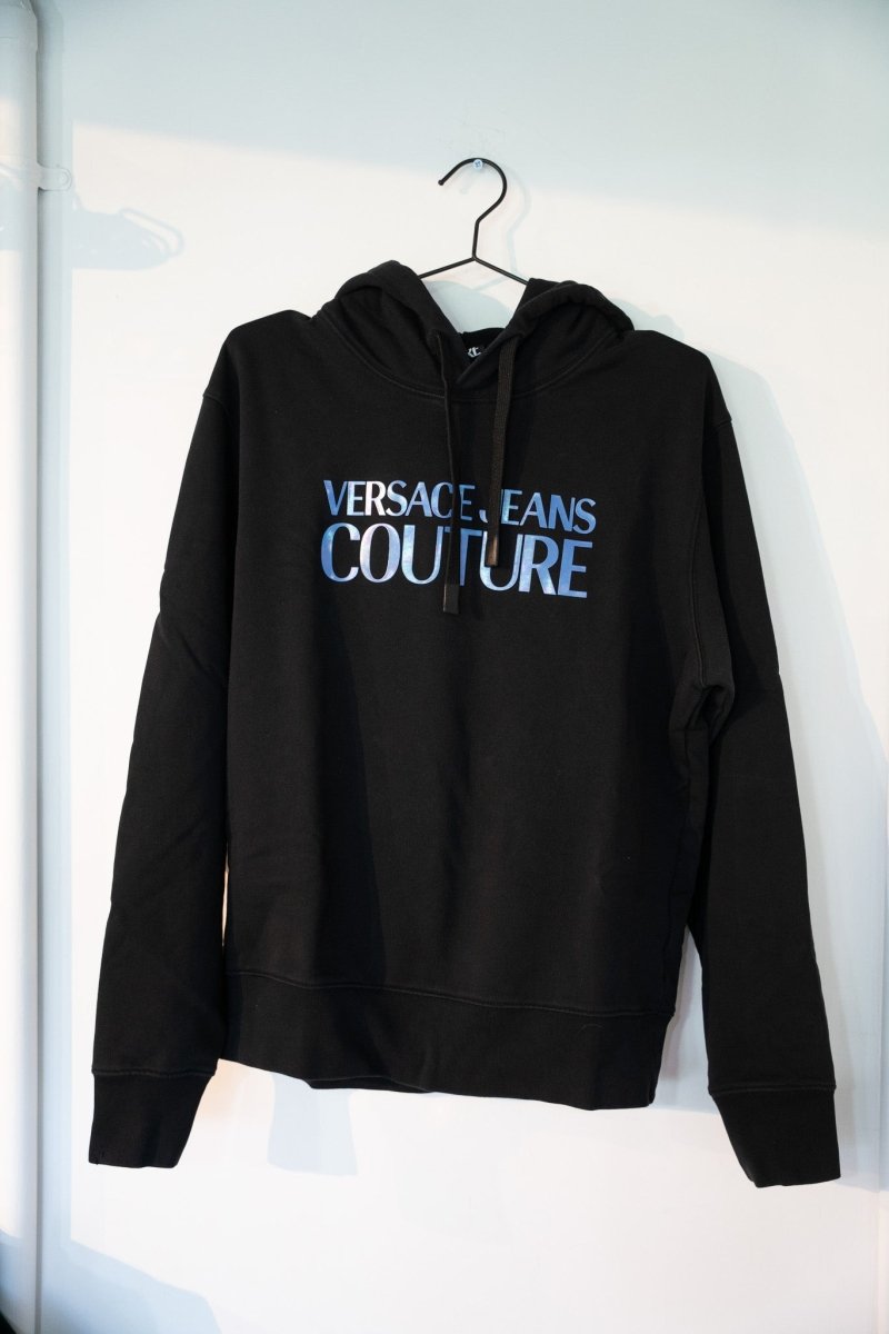 Black vintage Versace Jeans Couture pullover hoodie with gradient blue silver metallic VERSACE JEANS COUTURE text drawstring hood size Large