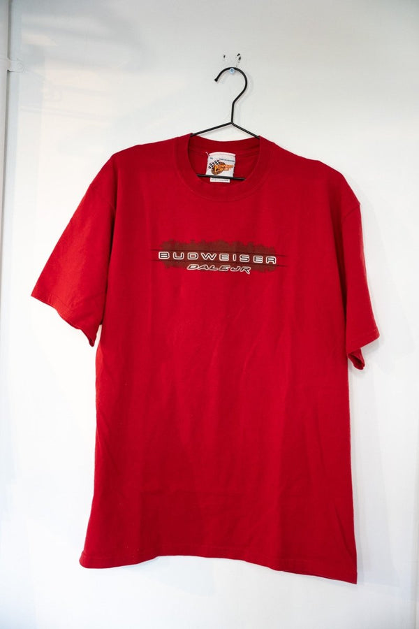Red vintage Winners Circle NASCAR Dale Jr Budweiser shirt with white BUDWEISER block lettering and DALE JR script on red