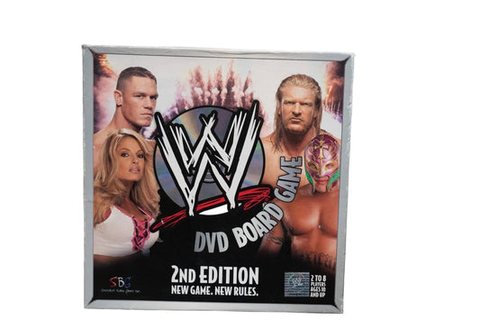 Sealed WWE DVD Board Game 2nd Edition box with John Cena, Triple H, and Rey Mysterio around WWE scratch logo