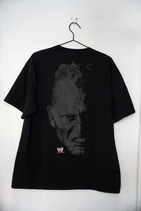 WWE Sandman black t-shirt size XL with wrestler graphic print on front, vintage wrestling merchandise from 1990s-2000s era