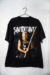 WWE Sandman black t-shirt size XL with graphic print on front, vintage wrestling merchandise