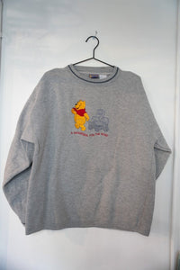 Heather gray Winnie the Pooh A Smackeral for the Road embroidered crewneck sweatshirt with Pooh pulling honey wagon red text and navy checkered collar size XL