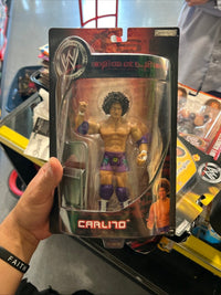 WWE Backlash Pay Per View Series 13 Carlito action figure with black and red outfit, displayed in retail packaging