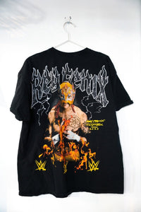 WWE Complex black Rey Fenix Flames wrestling shirt, size XL, displaying colorful flame graphic design on front