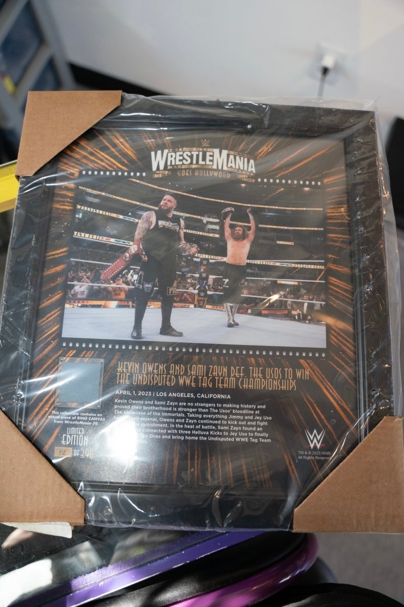 WWE Fanatics Kevin Owens Sami Zayn WrestleMania Goes Hollywood limited edition framed plaque 42 of 390 championship celebration ring canvas piece