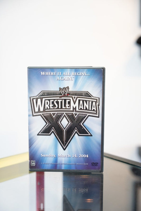 WWE WrestleMania XX DVD blue white cover metallic silver WrestleMania XX logo light burst Where It All Begins Again March 14 2004 TV-14