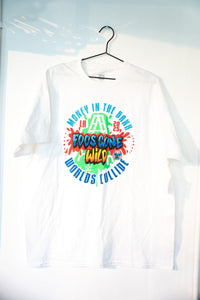 White WWE x Foos Gone Wild Money in the Bank 2025 LA shirt with colorful graffiti graphic briefcase lucha mask Worlds Collide blue text size XL