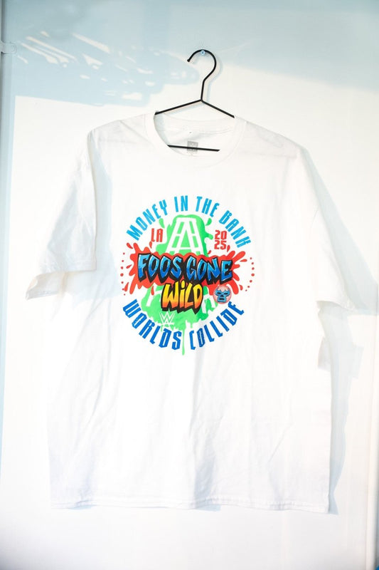 White WWE x Foos Gone Wild Money in the Bank 2025 LA shirt with colorful graffiti graphic briefcase lucha mask Worlds Collide blue text size XL