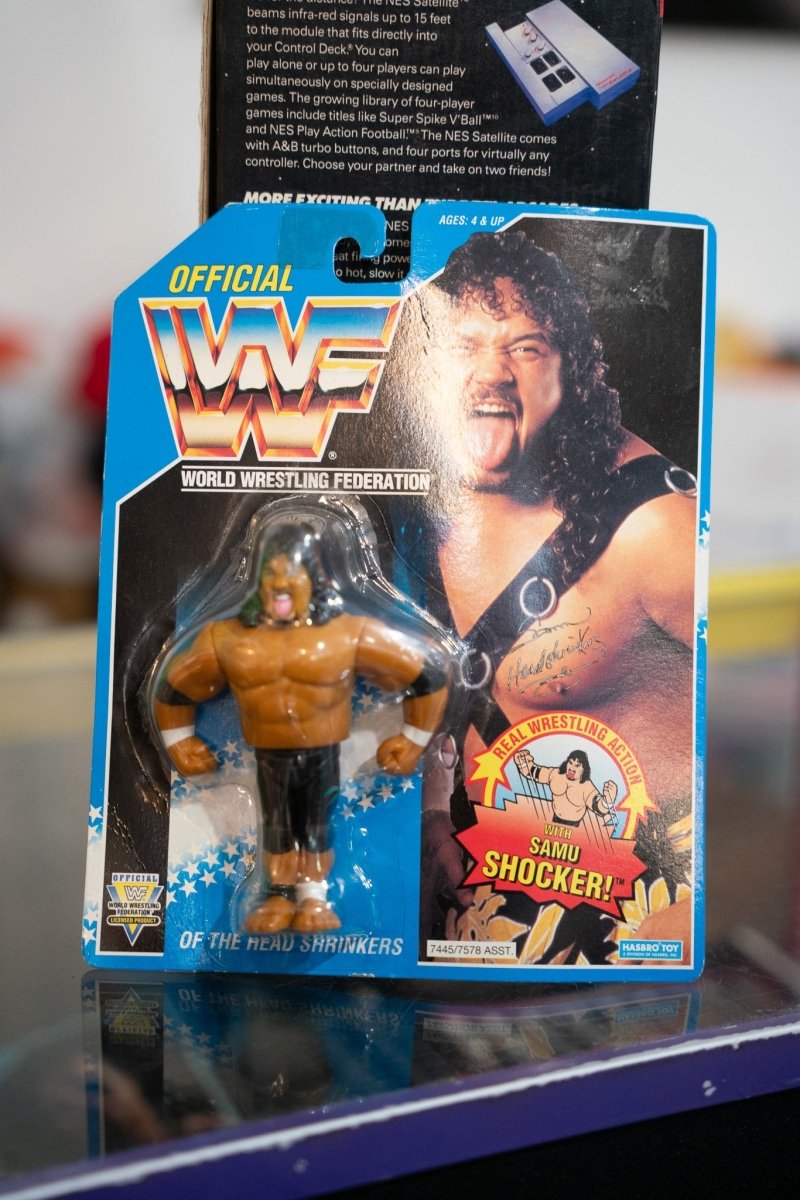 WWF Hasbro Samu Shocker Headshrinkers action figure sealed on blue card with gold WWF logo and Samu photo