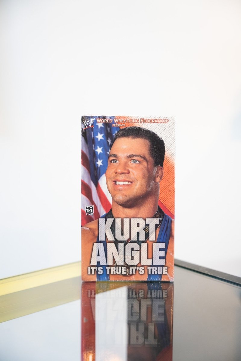 WWF Kurt Angle It's True It's True VHS tape sealed factory shrinkwrap American flag close-up portrait silver text TV-14
