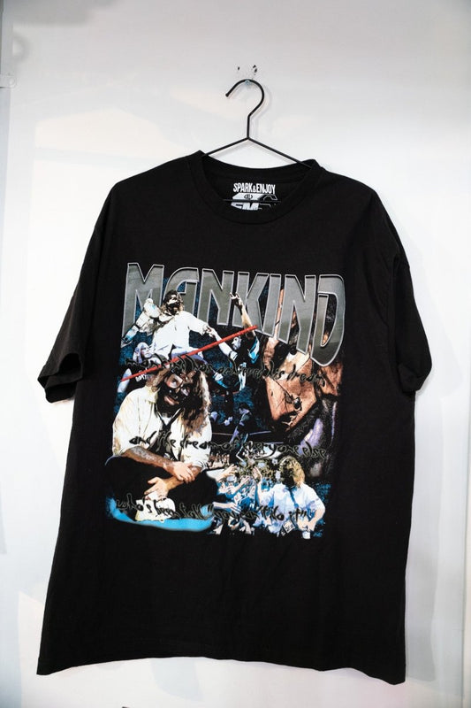 Black WWF Mankind modern boot shirt with chrome MANKIND lettering and collage of Mick Foley action shots and championship moments