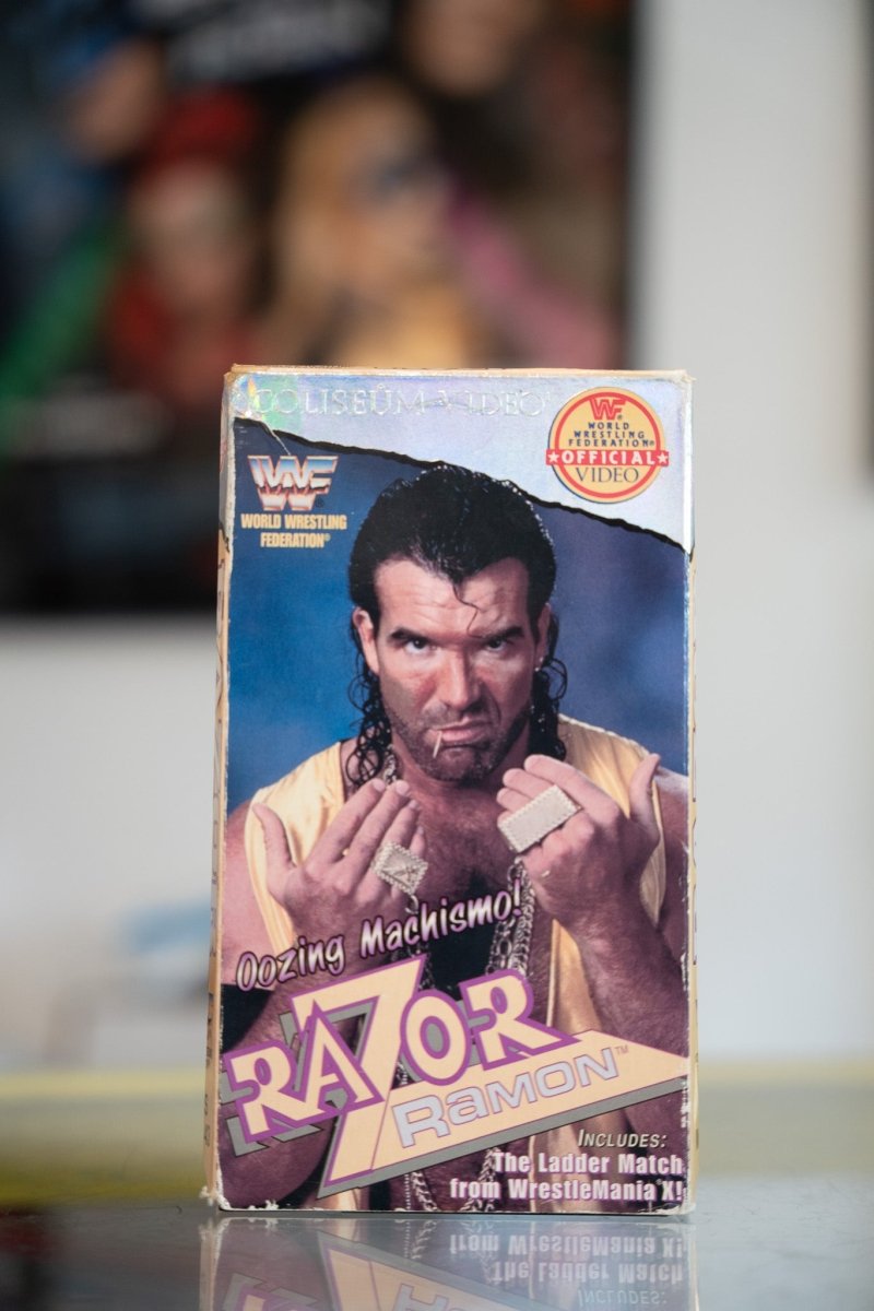 WWF Razor Ramon Oozing Machismo VHS with Scott Hall in gold chains and shirt with purple and silver RAZOR RAMON title lettering